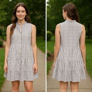 Sleeveless Gingham Tiered Button-Front Dress - Gray/White - Size Medium